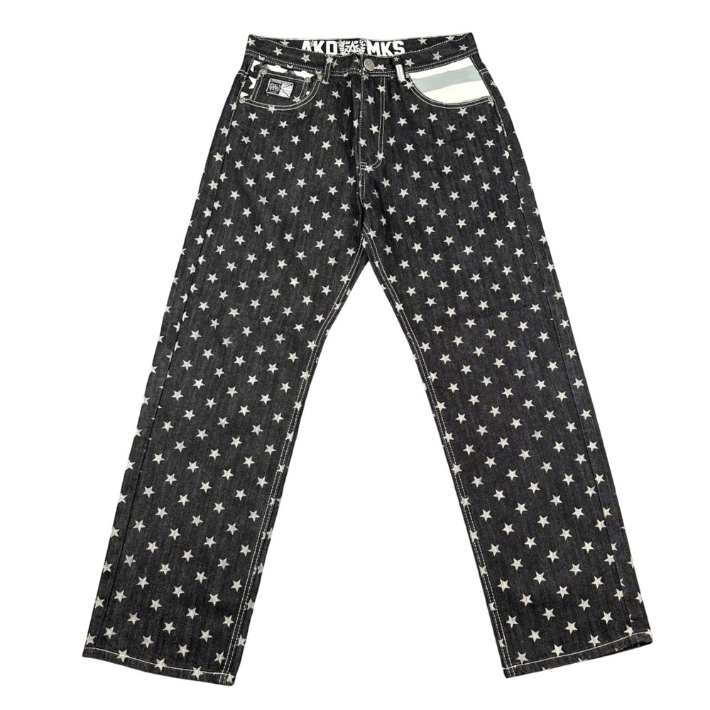 Vintage Akademiks Mens Star Print AOP Straight Leg Jeans Black White Y2K 33x31